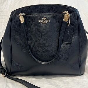 Coach leather tote bag in Deep Navy with detachable straps.